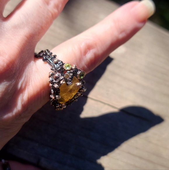STUNNING raw large natural Citrine &Peridot sterling ring zs9 - Picture 9 of 11